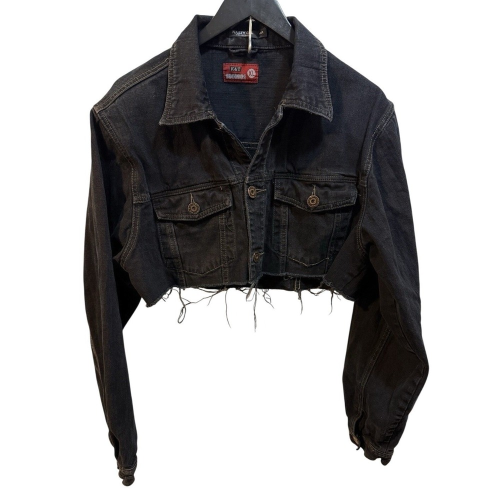 Nasty Gal Cropped Black Jean Denim Jacket Raw Hem Womens M/L
